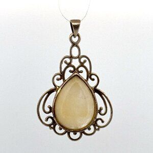 Estate Sterling Silver 925 Teardrop Cream Gemstone Filigree Pendant 7.0g No Chai
